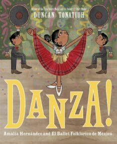 A girl spreads out her red dress as she dances on the cover of the book Danza.