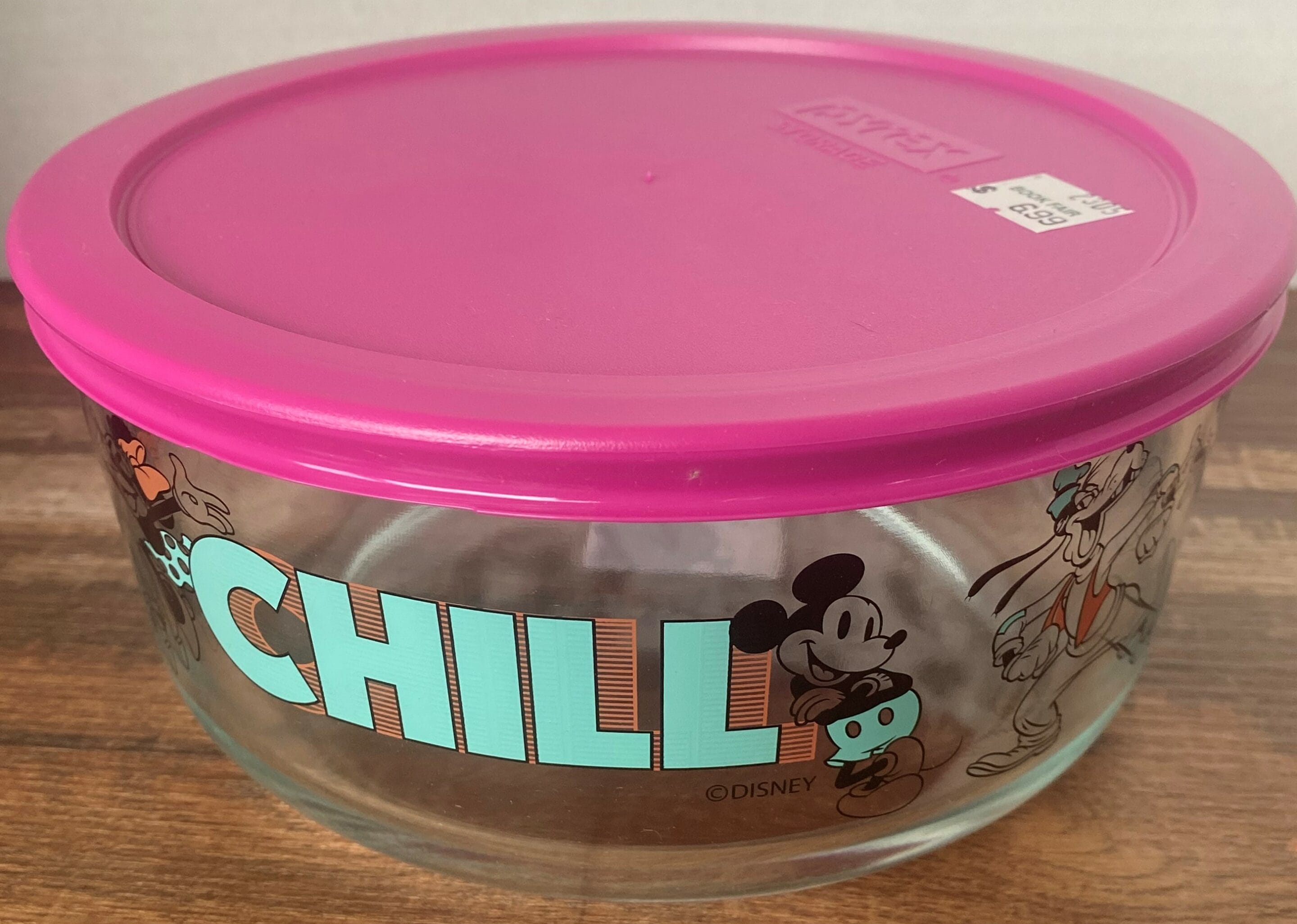 Pyrex Mickey Mouse “Chill” 7-Cup Round Glass Storage Container with Fushia  Airtight Lid