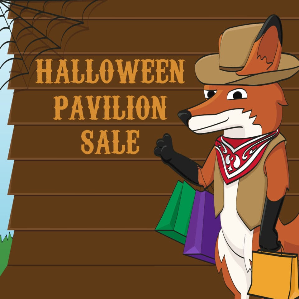 Halloween Pavilion Sale graphic with Booker the Fox holding shopping bags