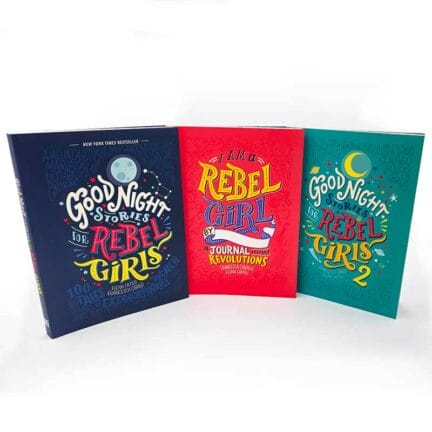 book covers for Good Night Stories for Rebel Girls 1 and 2 by Elena Favilli and Francesca Cavallo with the I Am A Rebel Girl Journal