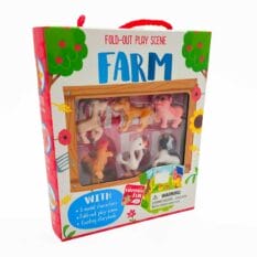 Fold-out play farm scene box containing plastic animals