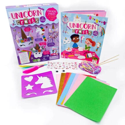 Unicorn Crafts kit with box, instructional booklet, stickers, yarn, paper, stencils, feathers, and googly eyes